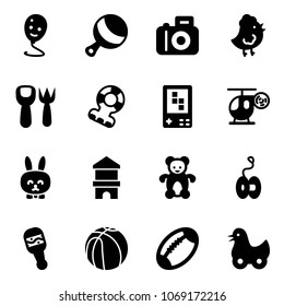 Solid vector icon set - balloon smile vector, beanbag, camera, chicken toy, shovel fork, teethers, game console, helicopter, rabbit, block house, bear, yoyo, basketball, football, duck