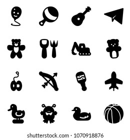 Solid vector icon set - balloon smile vector, beanbag, guitar, paper plane, bear toy, shovel fork, excavator, yoyo, bow, duck, monster, basketball