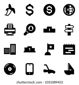 Solid vector icon set - banana vector, dollar, coin, globe, printer, head hunter, pedestal, signpost, building, flag, terms plan, cd, mobile phone, lawn mower, sailboat toy