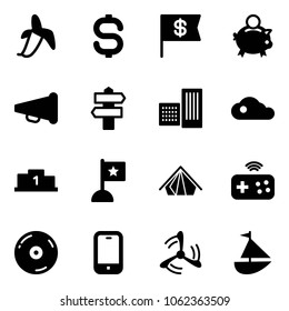 Solid vector icon set - banana vector, dollar sign, flag, piggy bank, speaker horn, signpost, building, cloud, pedestal, tent, joystick wireless, cd, mobile phone, wind mill, sailboat toy