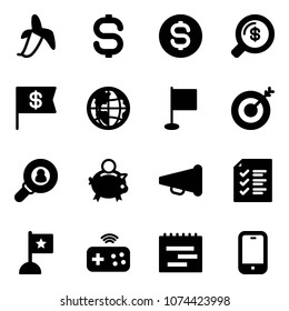 Solid vector icon set - banana vector, dollar sign, coin, money search, flag, globe, target, head hunter, piggy bank, speaker horn, list, joystick wireless, terms plan, mobile phone