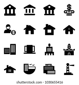 Solid vector icon set - bank vector, account, home, building, doors, sand fort, hotel, sea, lighthouse