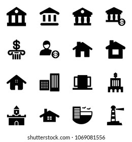 Solid vector icon set - bank vector, account, home, building, doors, sand fort, hotel, lighthouse