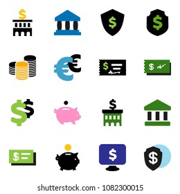 solid vector icon set - bank vector, piggy, coin stack, check, building, dollar shield, monitor, euro sign