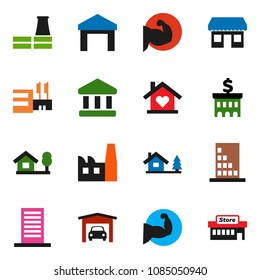 solid vector icon set - bank vector, building, muscule hand, office, warehouse, chalet, garage, love home, factory, mall