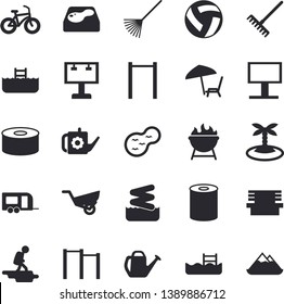 Solid vector icon set - barbecue flat vector, canned food, rake, watering can, garden wheelbarrow, bench, pond, pool, billboard, volleyball, bicycle, parallel bars, trailer fector, hike, island