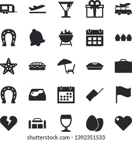 Solid vector icon set - barbecue flat vector, egg, pie, wine, cocktail, horseshoe, pool, flag, present, calendar, sport bag, trailer fector, luggage, suitcase, departure, chaise lounge, starfish