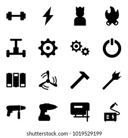 Solid vector icon set - barbell vector, lightning, king, fire, gyroscope, gear, standby button, battery, wind mill, hammer, wood drill, machine, jig saw, welding