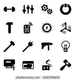 Solid vector icon set - barbell vector, settings, gears, standby, work, remote control, sun power, wind mill, sledgehammer, wood drill, machine, bulb, jig saw, generator, welding, toy hammer