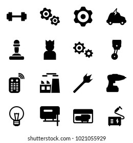 Solid vector icon set - barbell vector, gears, gear, electric car, pawn, king, piston, remote control, plant, wood drill, bulb, jig saw, generator, welding