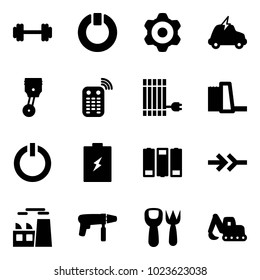 Solid vector icon set - barbell vector, standby, gear, electric car, piston, remote control, sun panel, water power plant, button, battery, connect, drill machine, shovel fork toy, excavator