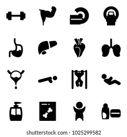 Solid vector icon set - barbell vector, power hand, mri, stomach, liver, heart, lungs, bladder, push ups, pull, abdominal muscles, liquid soap, x ray, success, uv cream
