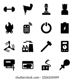 Solid vector icon set - barbell vector, power hand, pawn, king, fire, remote control, standby button, battery, wind mill, plant, sledgehammer, multimeter, jig saw, generator, welding, oiler