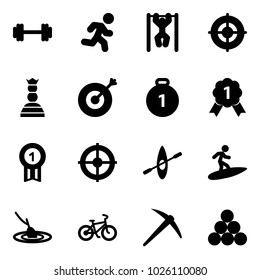 Solid vector icon set - barbell vector, run, pull ups, target, chess queen, gold medal, kayak, surfing, fishing, bike, axe, billiards balls