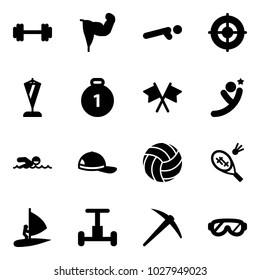 Solid vector icon set - barbell vector, power hand, push ups, target, pennant, gold medal, flags cross, flying man, swimming, cap, volleyball, badminton, windsurfing, gyroscope, axe