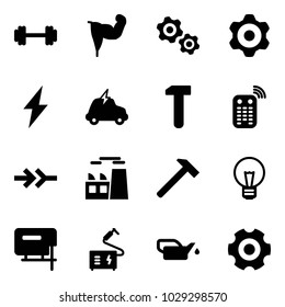 Solid vector icon set - barbell vector, power hand, gears, gear, lightning, electric car, work, remote control, connect, plant, hammer, bulb, jig saw, welding, oiler