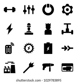 Solid vector icon set - barbell vector, settings, standby, gear, lightning, pawn, king, gyroscope, remote control, sun power, battery, connect, plant, wood drill, machine, generator