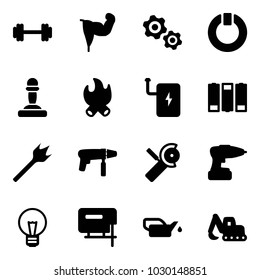 Solid vector icon set - barbell vector, power hand, gears, standby, pawn, fire, bank, battery, wood drill, machine, Angular grinder, bulb, jig saw, oiler, excavator toy