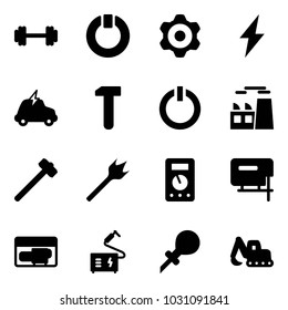 Solid vector icon set - barbell vector, standby, gear, lightning, electric car, work, button, plant, sledgehammer, wood drill, multimeter, jig saw, generator, welding, oiler, excavator toy