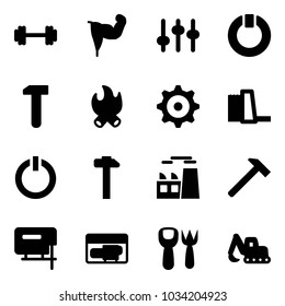 Solid vector icon set - barbell vector, power hand, settings, standby, work, fire, gear, water plant, button, hammer, jig saw, generator, shovel fork toy, excavator