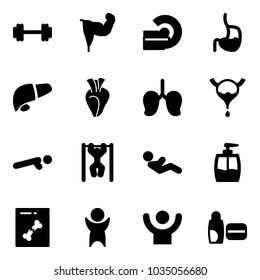 Solid vector icon set - barbell vector, power hand, mri, stomach, liver, heart, lungs, bladder, push ups, pull, abdominal muscles, liquid soap, x ray, success, uv cream