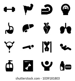 Solid vector icon set - barbell vector, power hand, mri, stomach, liver, heart, lungs, bladder, push ups, pull, abdominal muscles, liquid soap, x ray, success, uv cream