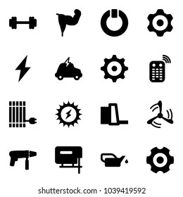 Solid vector icon set - barbell vector, power hand, standby, gear, lightning, electric car, remote control, sun panel, water plant, wind mill, drill machine, jig saw, oiler