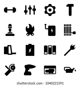 Solid vector icon set - barbell vector, settings, gear, work, pawn, fire, power bank, sun panel, water plant, battery, wood drill, Angular grinder, generator, oiler