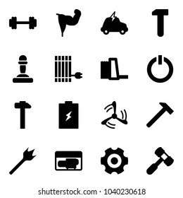 Solid vector icon set - barbell vector, power hand, electric car, work, pawn, sun panel, water plant, standby button, hammer, battery, wind mill, wood drill, generator, gear, toy