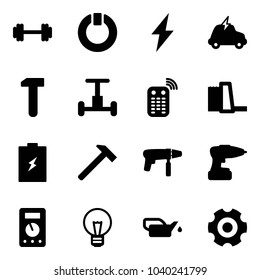 Solid vector icon set - barbell vector, standby, lightning, electric car, work, gyroscope, remote control, water power plant, battery, hammer, drill machine, multimeter, bulb, oiler, gear