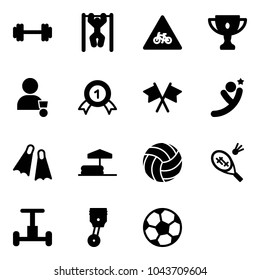 Solid vector icon set - barbell vector, pull ups, road for moto sign, gold cup, winner, medal, flags cross, flying man, flippers, inflatable pool, volleyball, badminton, gyroscope, piston