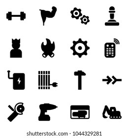 Solid vector icon set - barbell vector, power hand, gears, pawn, king, fire, gear, remote control, bank, sun panel, hammer, connect, Angular grinder, drill, generator, excavator toy