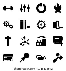 Solid vector icon set - barbell vector, settings, standby, fire, gear, sun panel, power, water plant, hammer, wind mill, jig saw, generator, oiler, toy