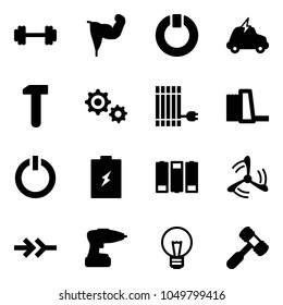Solid vector icon set - barbell vector, power hand, standby, electric car, work, gear, sun panel, water plant, button, battery, wind mill, connect, drill, bulb, toy hammer