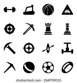Solid vector icon set - barbell vector, treadmill, basketball ball, road for moto sign, target, job, chess tower, queen, rock axe, kayak, gyroscope, soccer, football