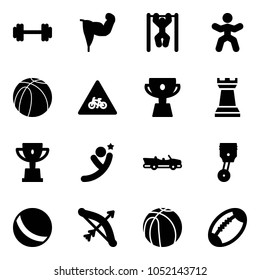 Solid vector icon set - barbell vector, power hand, pull ups, gymnastics, basketball ball, road for moto sign, cup, chess tower, win, flying man, cabrio, piston, bow, football