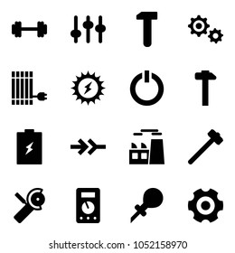 Solid vector icon set - barbell vector, settings, work, gear, sun panel, power, standby button, hammer, battery, connect, plant, sledgehammer, Angular grinder, multimeter, oiler