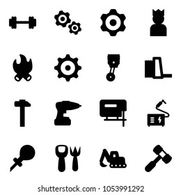 Solid vector icon set - barbell vector, gears, gear, king, fire, piston, water power plant, hammer, drill, jig saw, welding, oiler, shovel fork toy, excavator