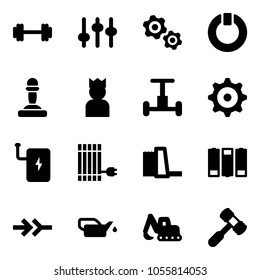 Solid vector icon set - barbell vector, settings, gears, standby, pawn, king, gyroscope, gear, power bank, sun panel, water plant, battery, connect, oiler, excavator toy, hammer