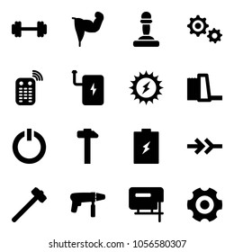 Solid vector icon set - barbell vector, power hand, pawn, gear, remote control, bank, sun, water plant, standby button, hammer, battery, connect, sledgehammer, drill machine, jig saw