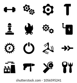 Solid vector icon set - barbell vector, gears, gear, work, pawn, fire, power bank, sun, standby button, wind mill, connect, plant, drill machine, Angular grinder, shovel fork toy