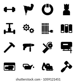 Solid vector icon set - barbell vector, power hand, standby, king, gyroscope, gear, sun panel, battery, hammer, drill machine, Angular grinder, jig saw, generator, oiler, excavator toy