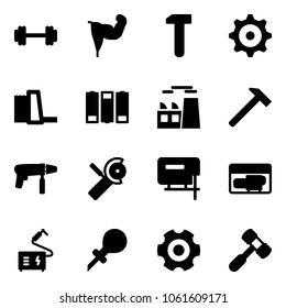 Solid vector icon set - barbell vector, power hand, work, gear, water plant, battery, hammer, drill machine, Angular grinder, jig saw, generator, welding, oiler, toy