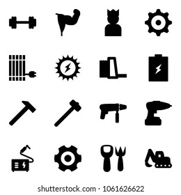 Solid vector icon set - barbell vector, power hand, king, gear, sun panel, water plant, battery, hammer, sledgehammer, drill machine, welding, shovel fork toy, excavator