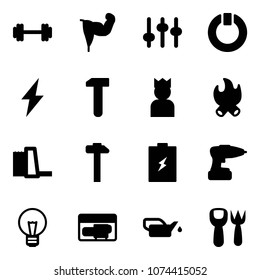 Solid vector icon set - barbell vector, power hand, settings, standby, lightning, work, king, fire, water plant, hammer, battery, drill, bulb, generator, oiler, shovel fork toy