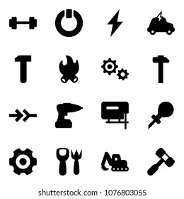 Solid vector icon set - barbell vector, standby, lightning, electric car, work, fire, gear, hammer, connect, drill, jig saw, oiler, shovel fork toy, excavator