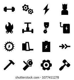 Solid vector icon set - barbell vector, gears, lightning, king, fire, gyroscope, piston, power bank, sun, water plant, battery, connect, hammer, Angular grinder, gear, toy