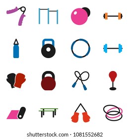 solid vector icon set - barbell vector, weight, jump rope, hand trainer, horizontal bar, punching bag, fitball, boxing glove, fitness mat, hoop