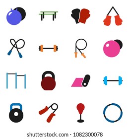 solid vector icon set - barbell vector, weight, jump rope, hand trainer, horizontal bar, punching bag, fitball, boxing glove, fitness mat, hoop