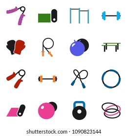solid vector icon set - barbell vector, weight, jump rope, hand trainer, horizontal bar, fitball, boxing glove, fitness mat, hoop